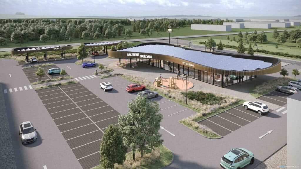 Vizualizace nového nabíjecího hubu a Bageterie Boulevard v Plané. Foto: Škoda