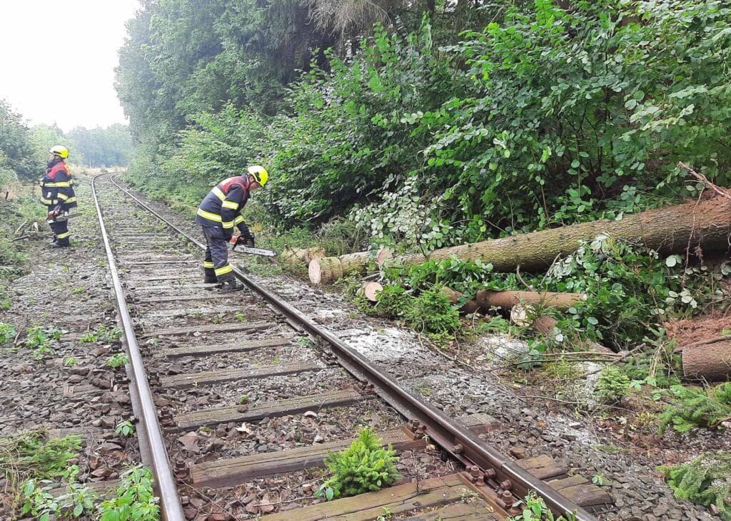 Hlavně popadané stromy do dráhy nebo na trakční vedení museli řešit drážní hasiči a železničáři. Foto: SŽ