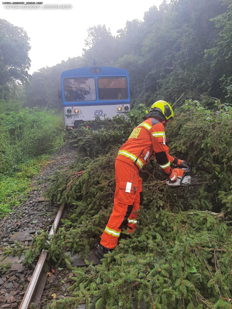 Hlavně popadané stromy do dráhy nebo na trakční vedení museli řešit drážní hasiči a železničáři. Foto: SŽ