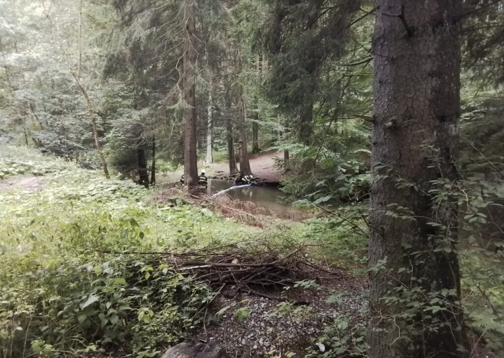 Hasiči do potoka instalovali norné stěny proti šíření vytékající nafty. Foto: HZS