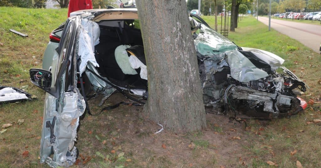 Řidič v Malšovicích u Hradce Králové rozpáral auto o strom. Foto: HZS