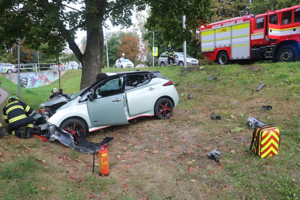 Řidič v Malšovicích u Hradce Králové rozpáral auto o strom. Foto: HZS