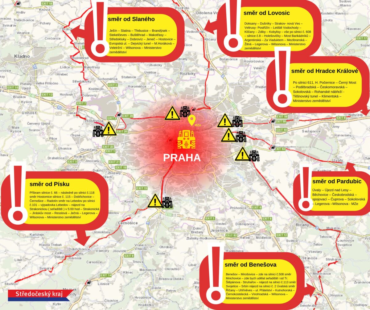 Mapa jízdy zemědělců na protest do Prahy.