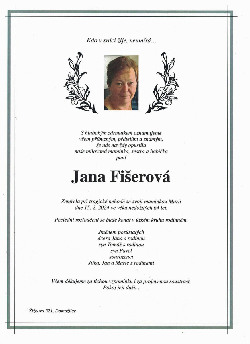 Parte zemřelé záchranářky Jany. Zdroj: ZZS Plzeň