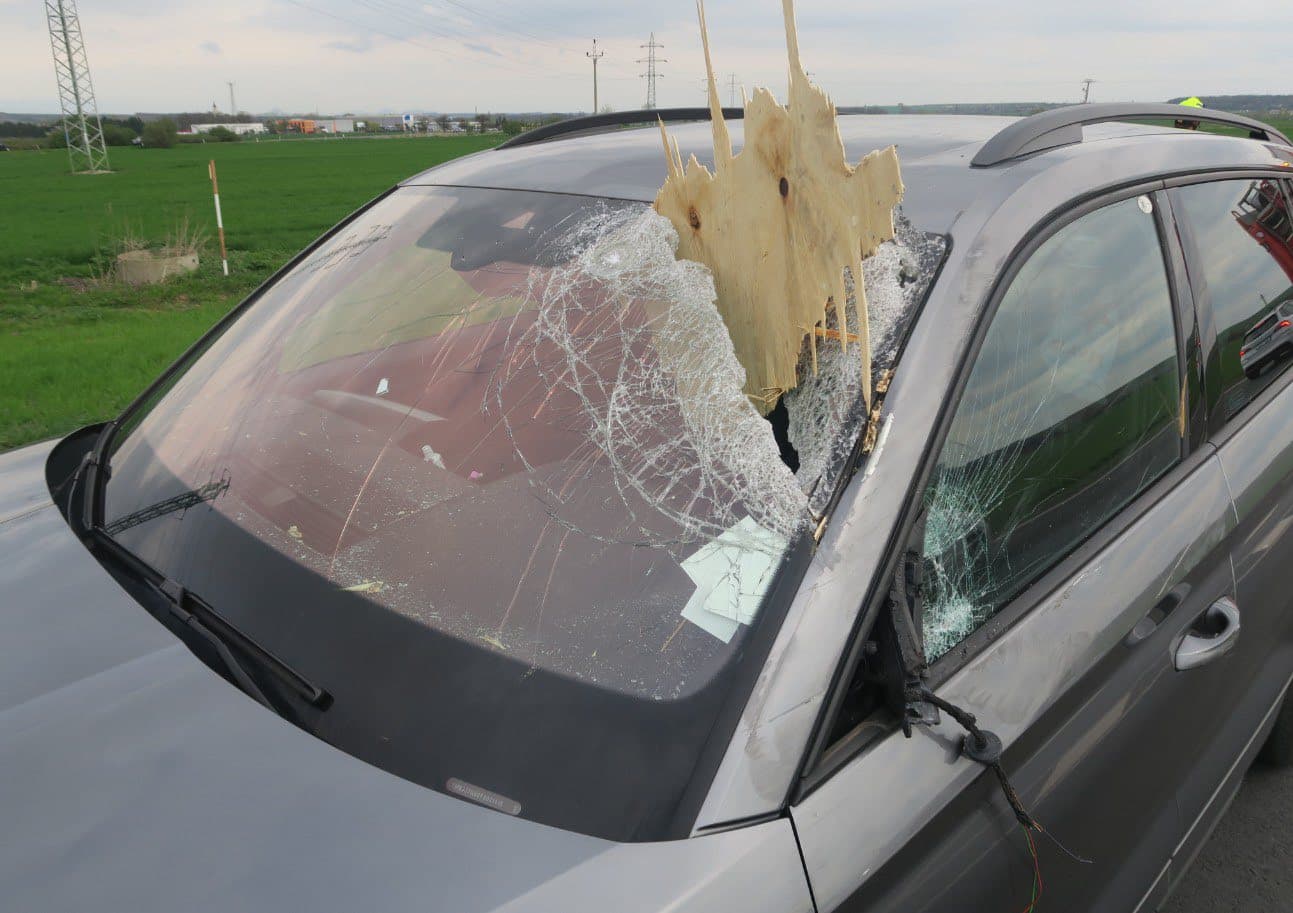 Kus dřeva se zabodl do čelního skla Kodiaqu. Foto: PČR