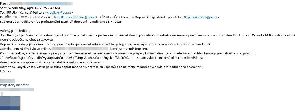 Provozovatel kamionu poděkoval policii. Foto: PČR