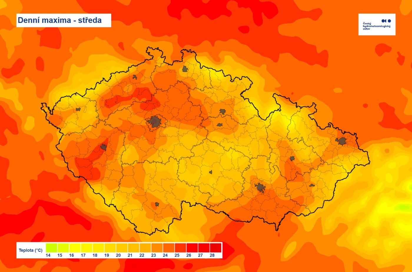 Očekávané teploty během středy. Zdroj: CHMÚ