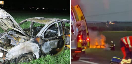 Auto se ocitlo celé v plamenech. Zdroj: PČR a Lili Ježková