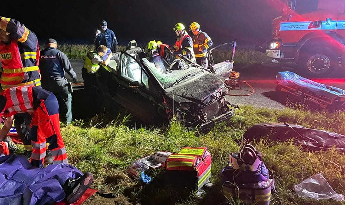 Vážná nehoda mercedesu u Horní Břízy. Foto: HZS a ZZS