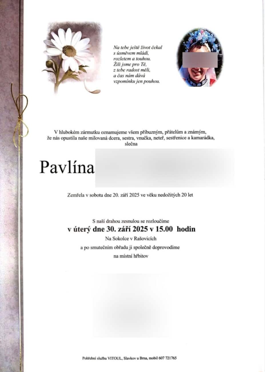 Parte zemřelé Pavlínky. Zdroj: SDH Rašovice