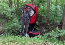 Nehoda v Peklovsi. Auto skončilo v potoce. Foto: HZS